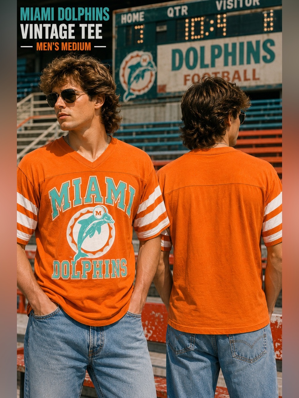 Vintage Miami Dolphins T Shirt Mens Medium Single Stitch NFL Graphic Orange 90s